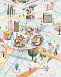 Colorful surreal pencil illustration with geometric shapes, figures, trees, and criss-crossing lines