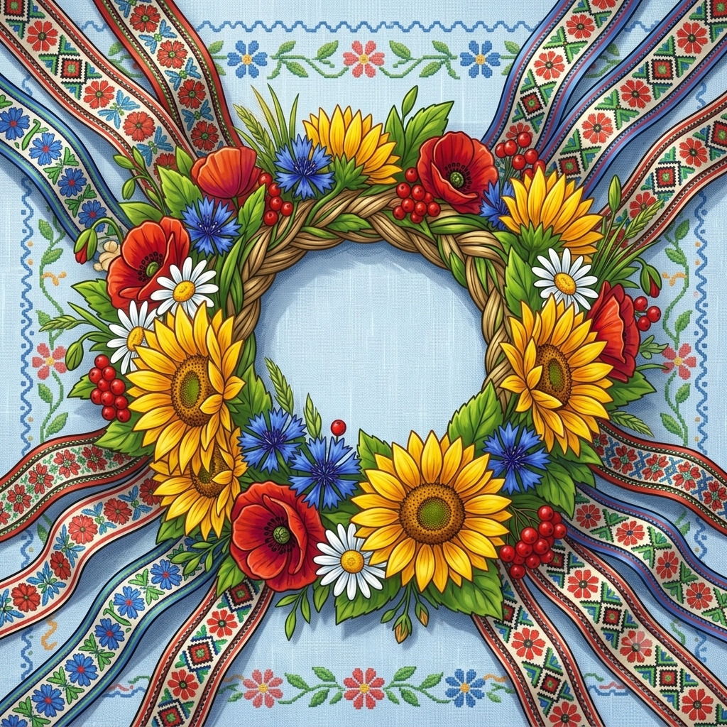Illustration of a Ukrainian flower wreath with sunflowers, poppies, daisies, and patterned ribbons