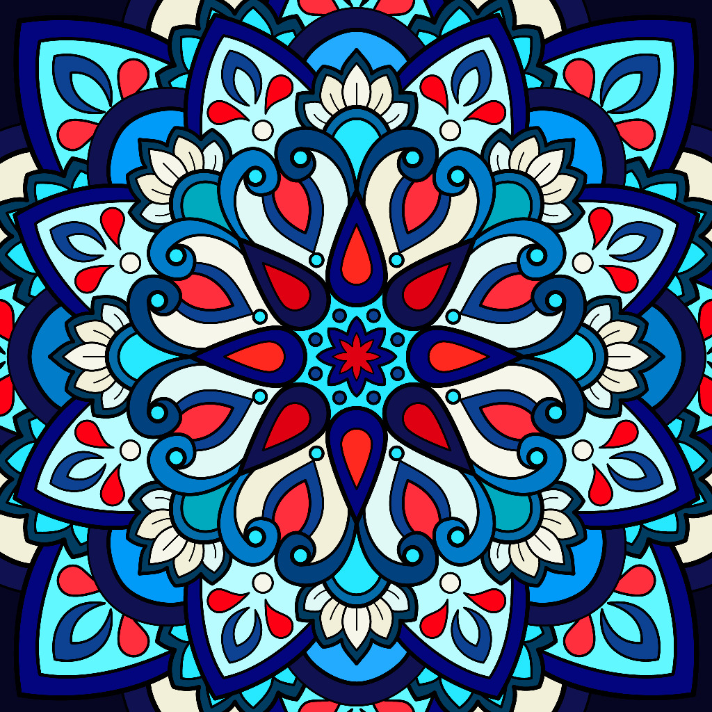 Colorful symmetrical mandala with ornate floral patterns in blue, red, turquoise, and cream on dark blue background