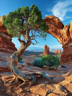 Gnarled juniper tree framed by natural red sandstone arch in desert with blue sky