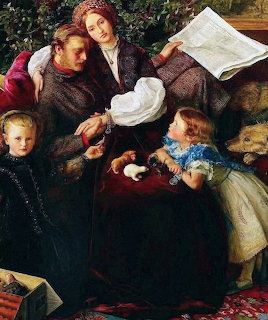 Victorian painting of a family with mother holding newspaper and children playing, by John Everett Millais