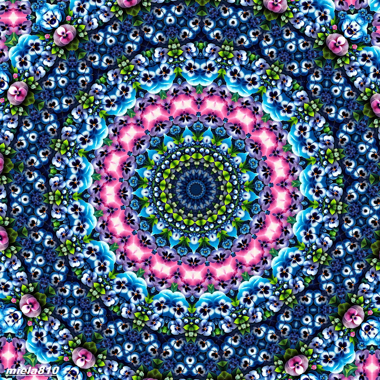 Symmetrical mandala with pink and cyan flower rings on blue background