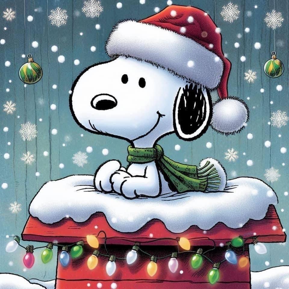 Snoopy in Santa hat on snow-covered doghouse with Christmas lights and falling snowflakes