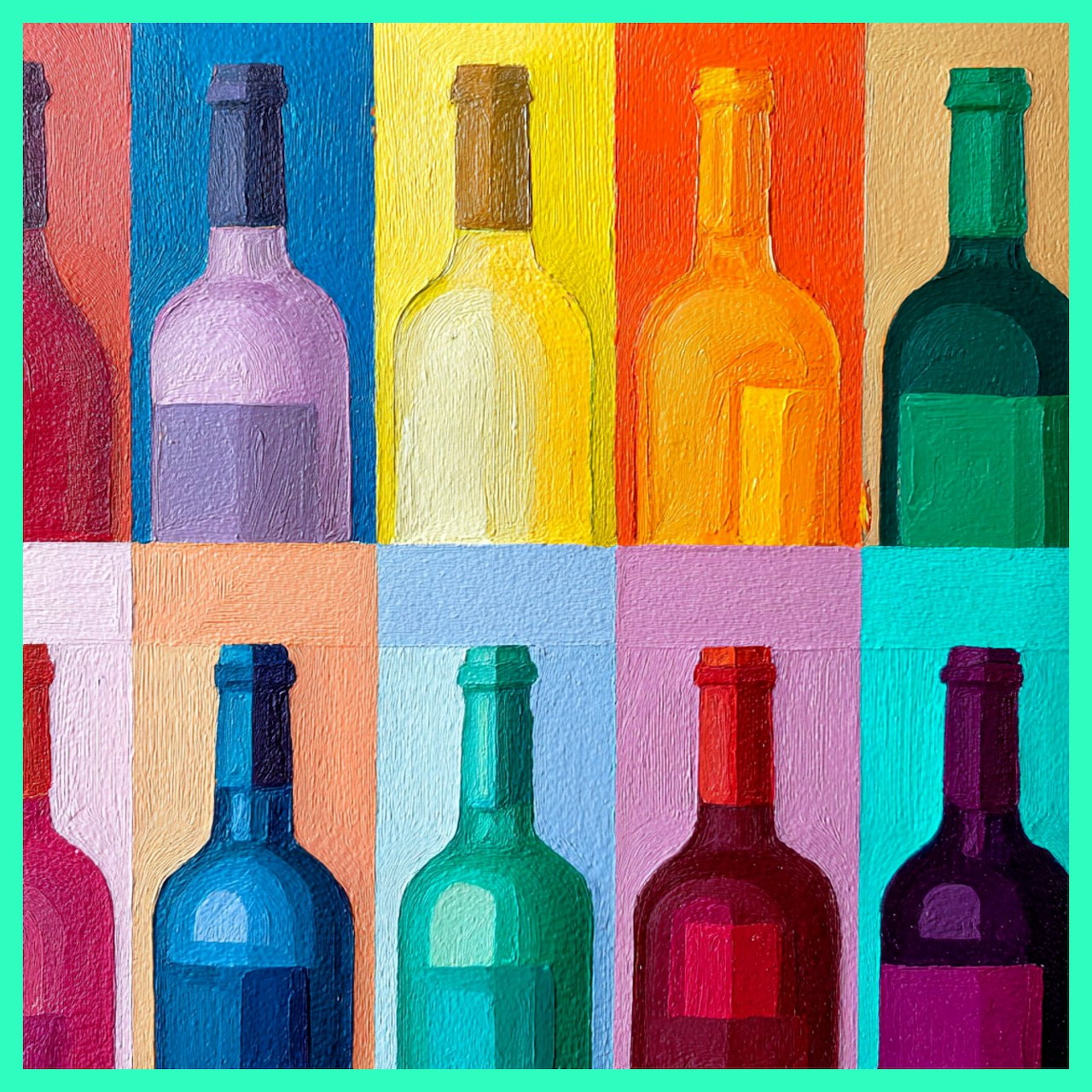 Colorful illustration of eight glass bottles in a grid with bright contrasting backgrounds