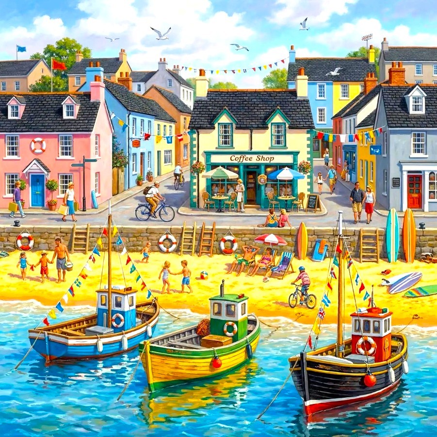 Colorful illustration of boats by a sandy beach in a seaside village with people and pastel houses