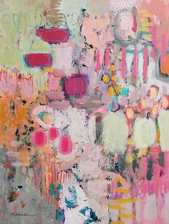 Abstract expressionist painting with vibrant pink, turquoise, and pastel colors in layered brushstrokes