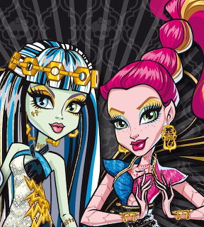 Monster High characters Frankie Stein and Gigi Grant in cartoon illustration style