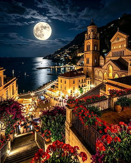 Full moon over Amalfi Coast at night with illuminated buildings, church tower, and red flowers
