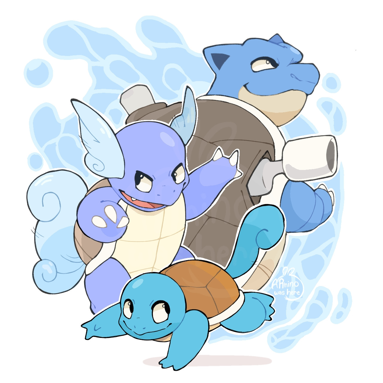 Cartoon illustration of three blue turtle-like Pokémon characters stacked together with water splashes in background