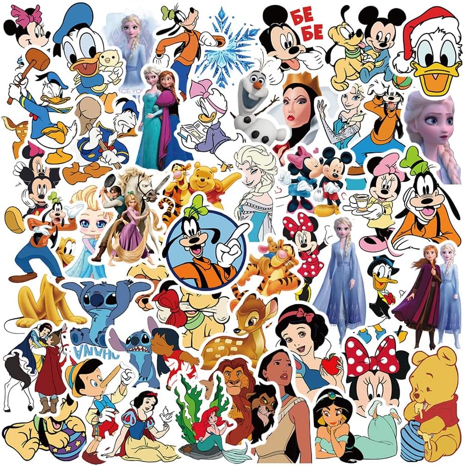 Colorful collage of Disney animated characters including Mickey Mouse, Elsa, Anna, Donald Duck, and many others