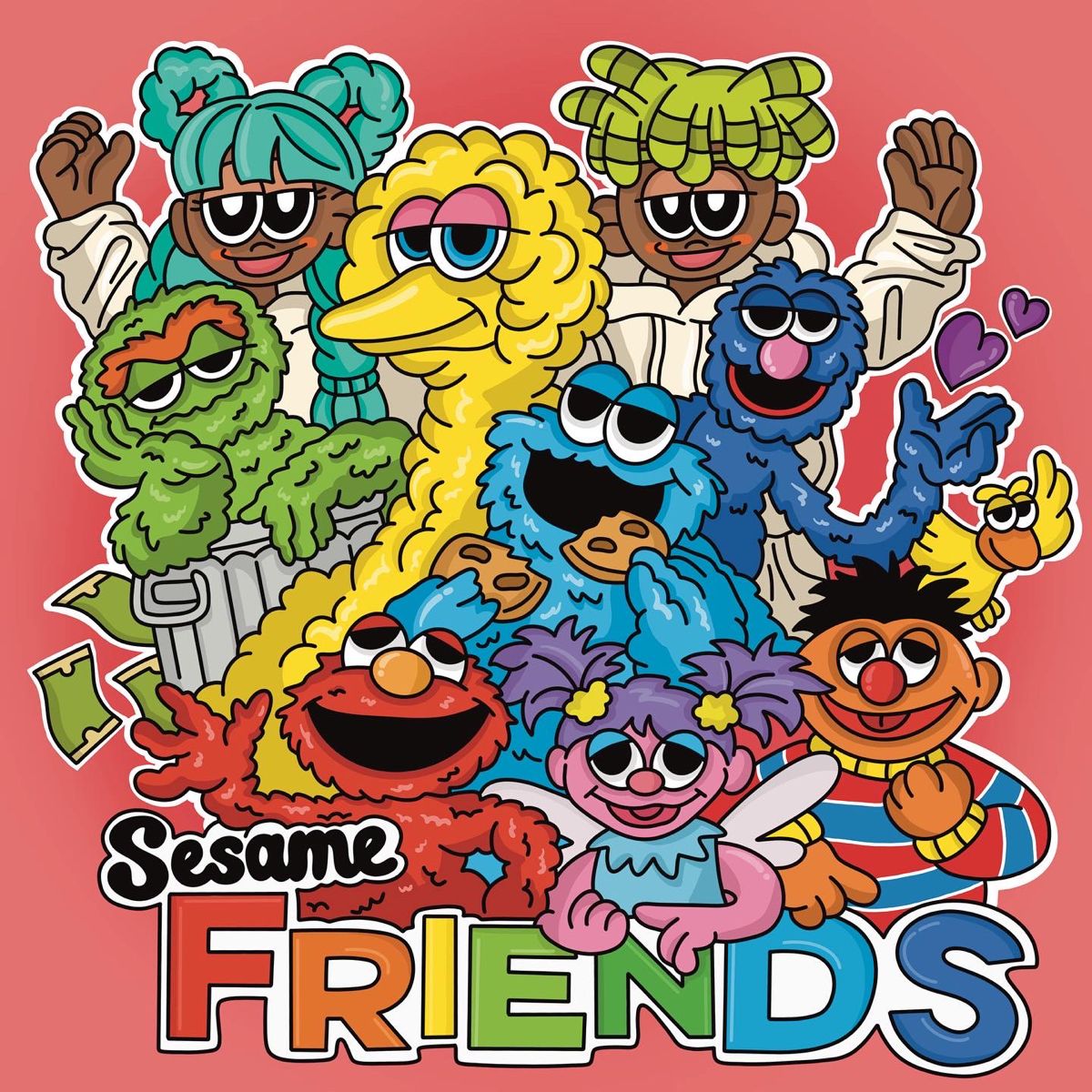 Cartoon illustration of Sesame Street characters grouped together including Cookie Monster, Elmo, Big Bird and friends