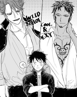 Manga drawing of Luffy, Trafalgar Law, and Crocodile from One Piece in black and white