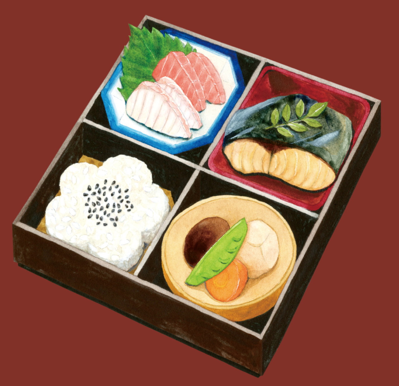 Illustrated Japanese shokado bento box with sashimi, rice, pickles, and vegetables in four compartments