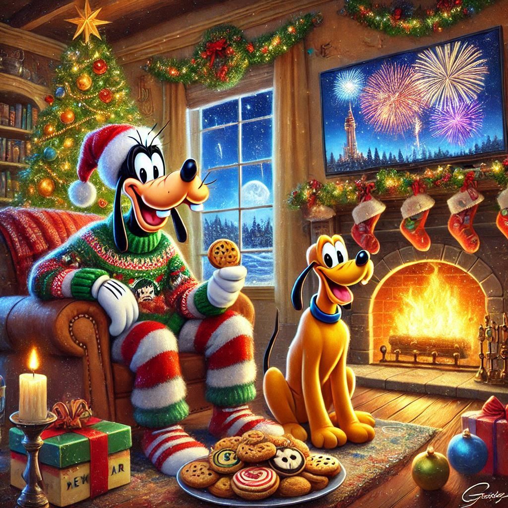 Goofy and Pluto in festive sweaters by fireplace with Christmas tree, cookies, and holiday decorations