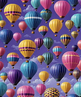 Many colorful hot air balloons with varied patterns floating in a purple sky with clouds