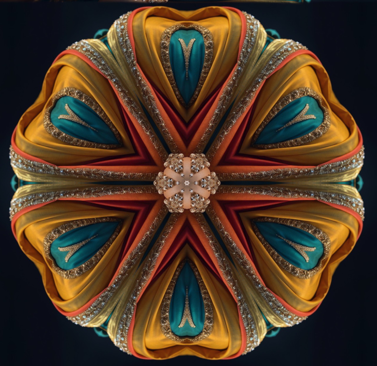Circular mandala ornament with gold, turquoise, and red symmetrical patterns and jeweled center