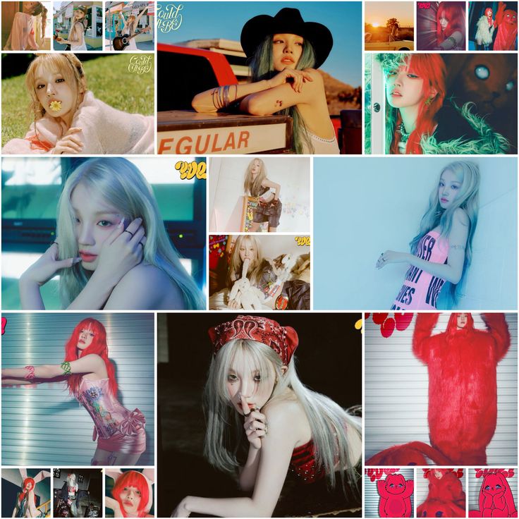 Collage grid of K-pop idol photos with colorful hair and styling in various poses and settings