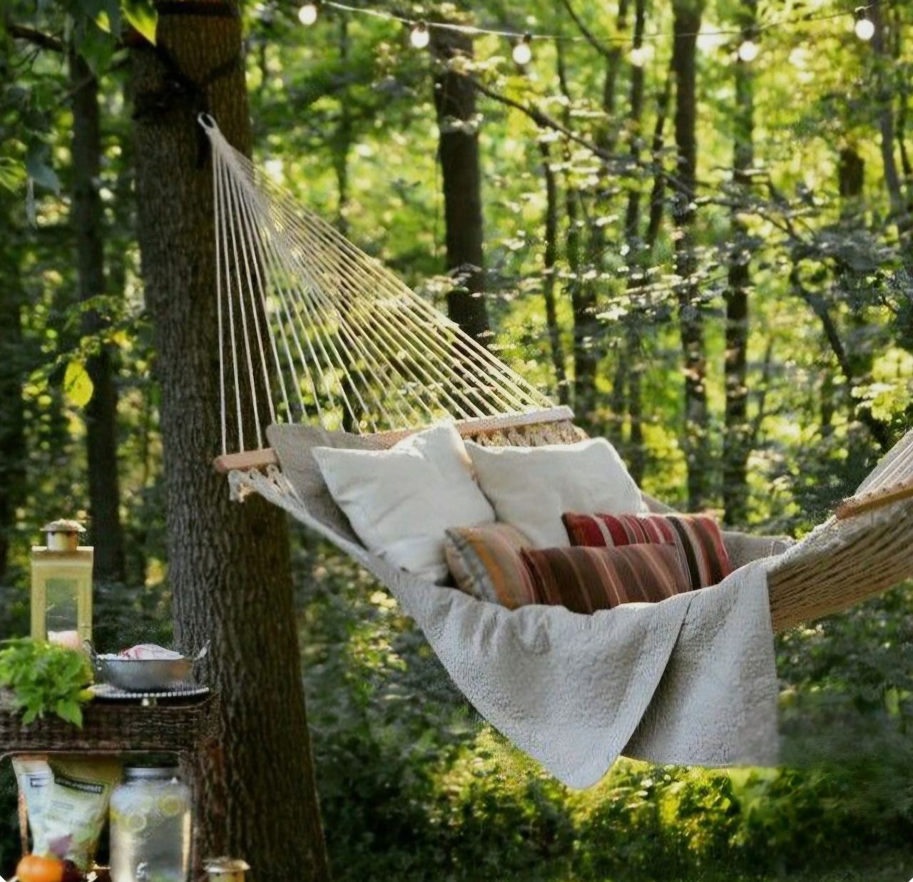 Cushioned rope hammock hanging between trees in a sunlit garden