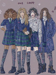 Fan art of four witches from The Craft movie in school uniforms, plaid skirts, and striped socks