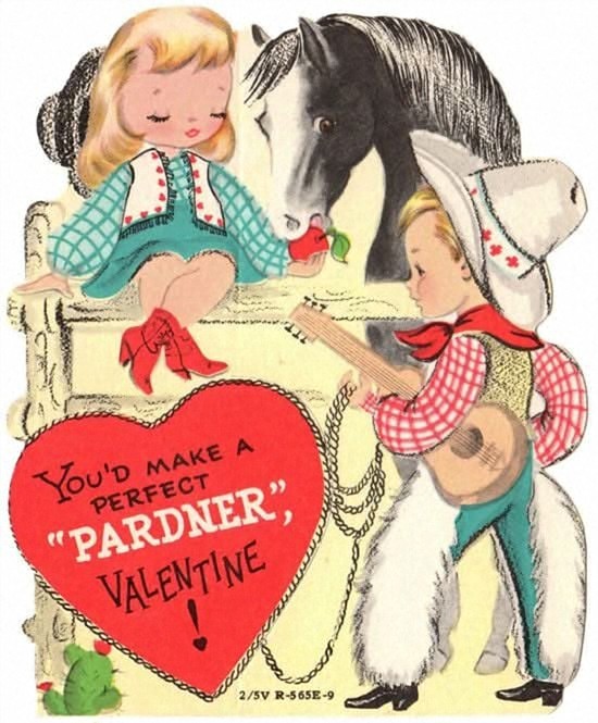 Vintage Valentine card with two cowboy children, a horse, and banjo with heart-shaped message