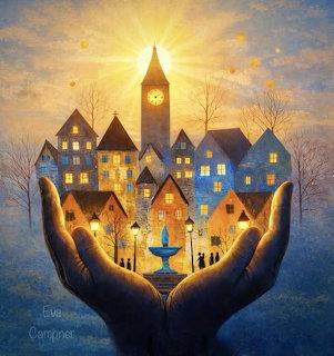 Fantasy illustration of cupped hands holding a glowing miniature village with clock tower and warm lights