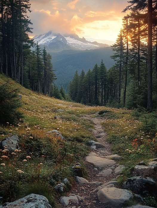 Hiking trail through alpine meadow with evergreen trees leading to a snow-capped mountain at sunset