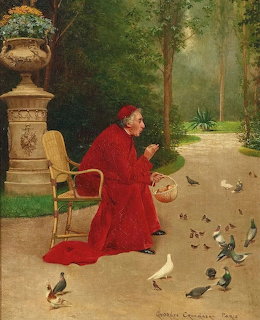 Painting of a cardinal in red robes feeding birds on a garden path