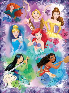 Collage of seven Disney princesses arranged vertically with flowers and sparkles on purple watercolor background