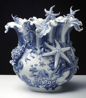 Blue and white porcelain vase with starfish, octopus, and wave decorations on a dark background