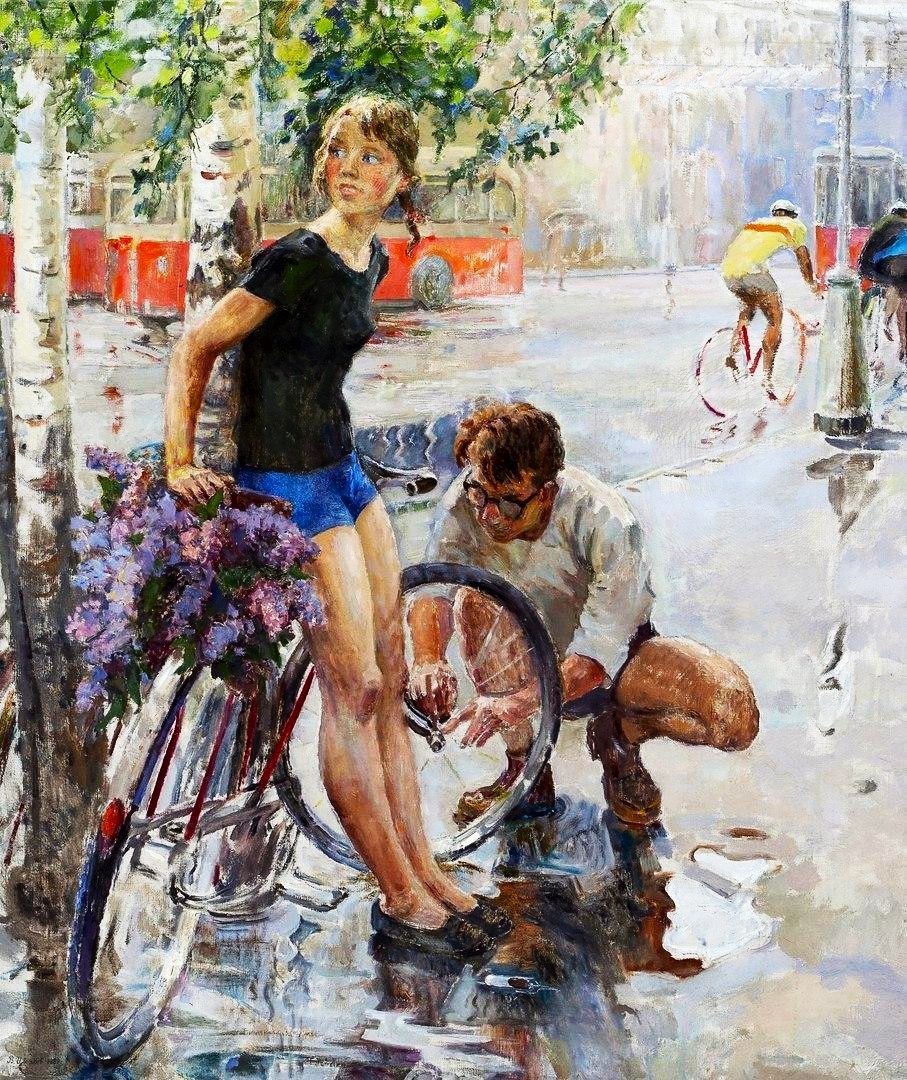 Painting of woman and man with bicycle on a summer city street