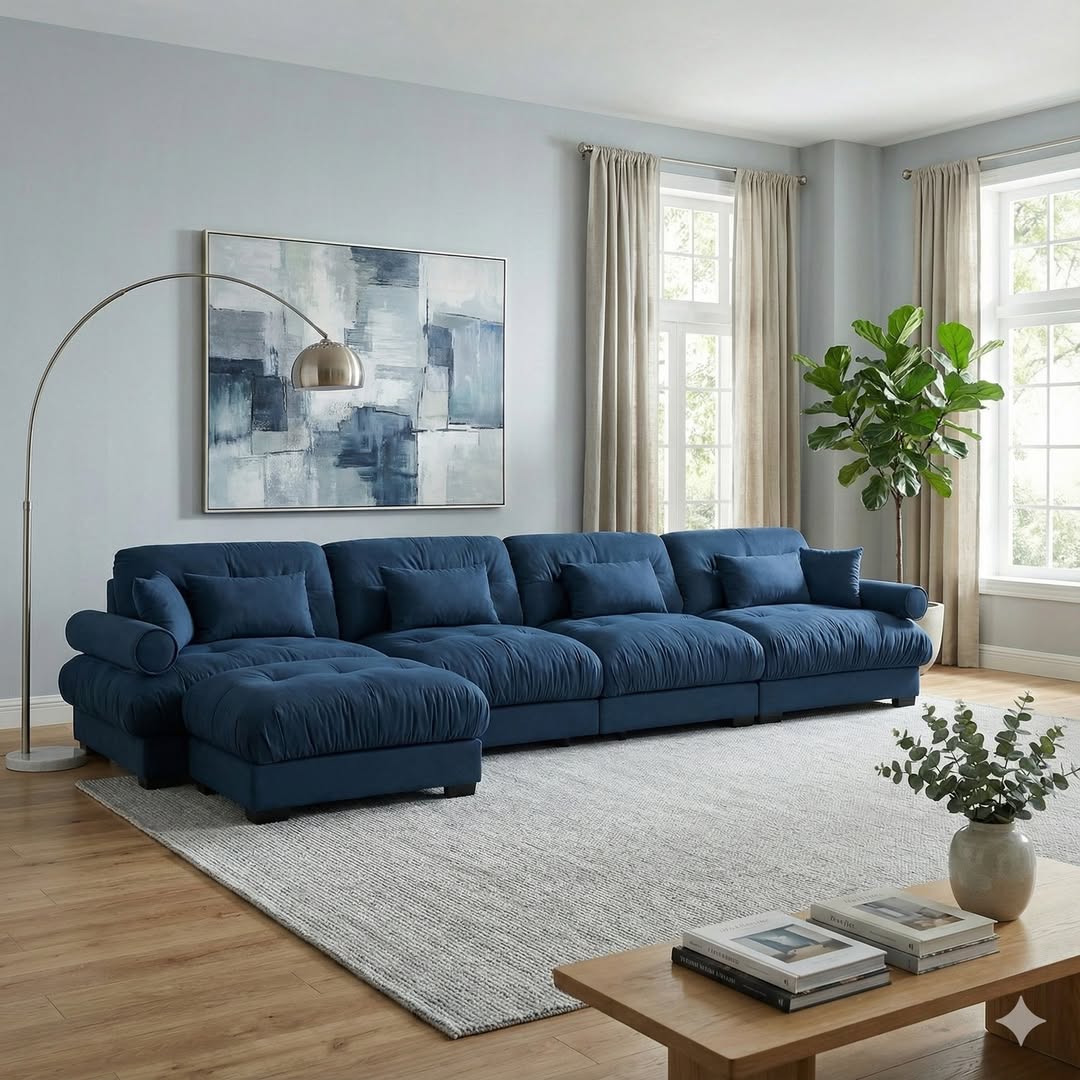 Modern living room with a blue sectional sofa, abstract painting, tall windows, and a light rug