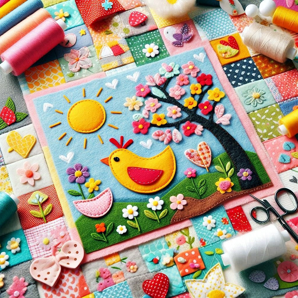 Colorful patchwork quilt with fabric tree, sun, bird, flowers, thread spools, buttons and sewing supplies