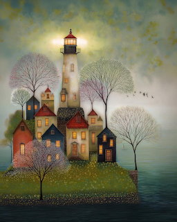 Whimsical lighthouse painting with colorful houses, bare trees, and calm water