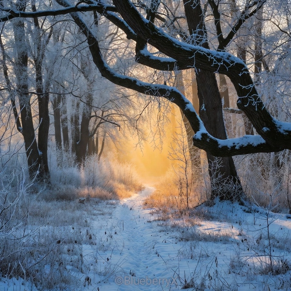 Snowy forest with frost-covered trees and golden sunlight on a winter path