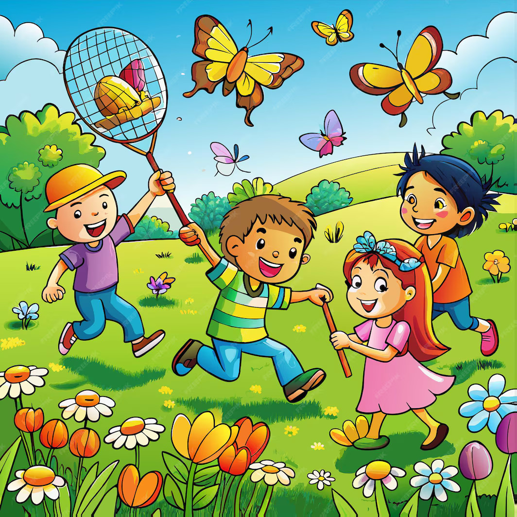 Cartoon children playing in a flower meadow and chasing butterflies with nets