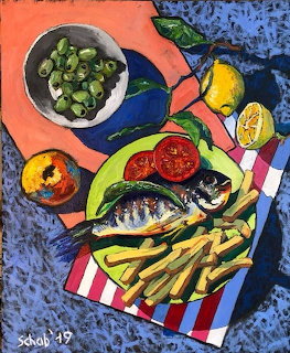 Vibrant still life painting of fish, fries, olives, and vegetables on colorful striped napkin