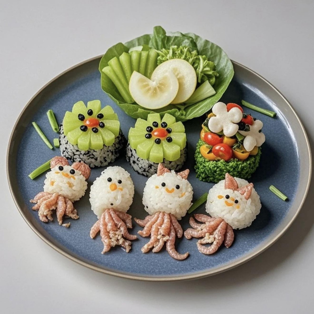 Cute sushi platter with octopus-shaped rice balls and flower-shaped vegetable cups on a blue plate