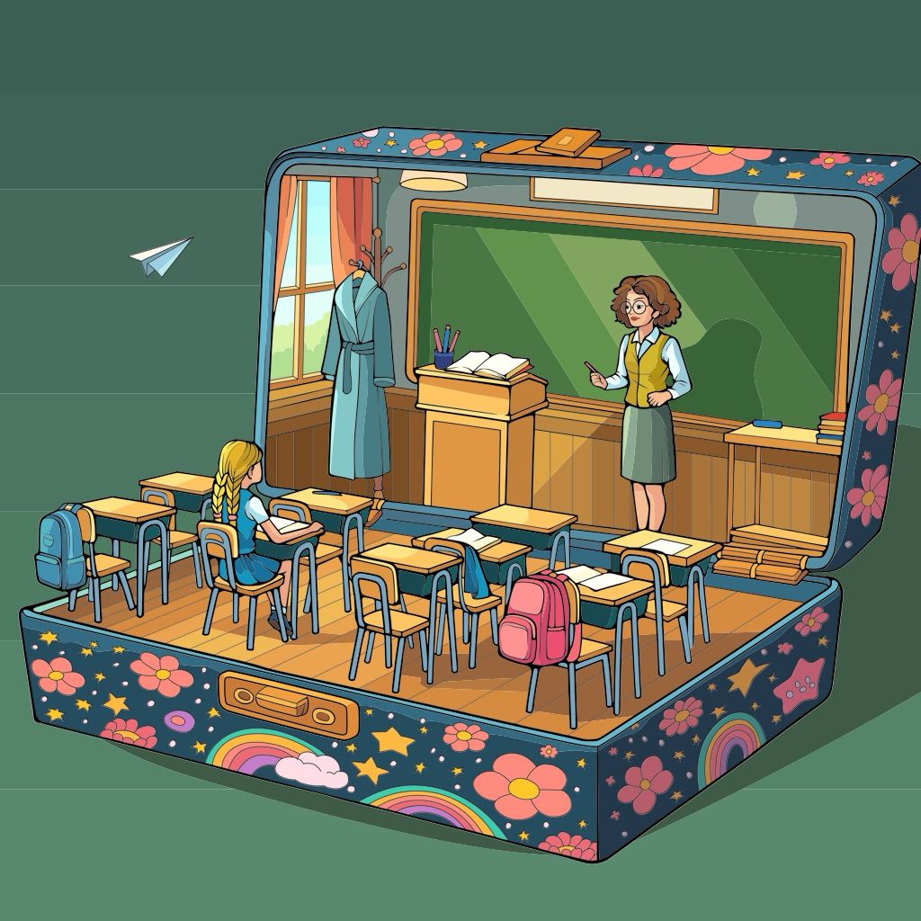 Illustrated classroom inside an open floral suitcase with desks, a teacher, and a student