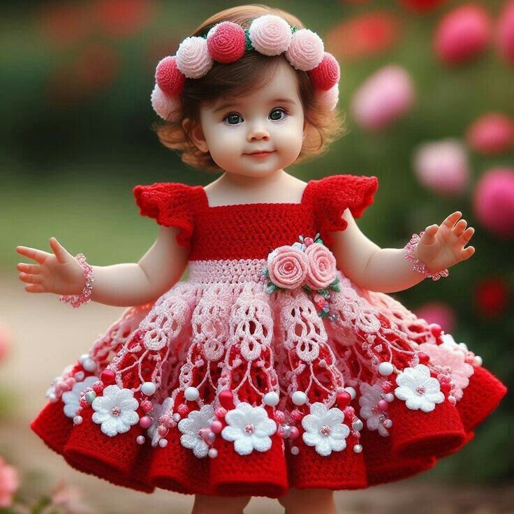 Porcelain doll in red crochet dress with white flowers and floral headpiece