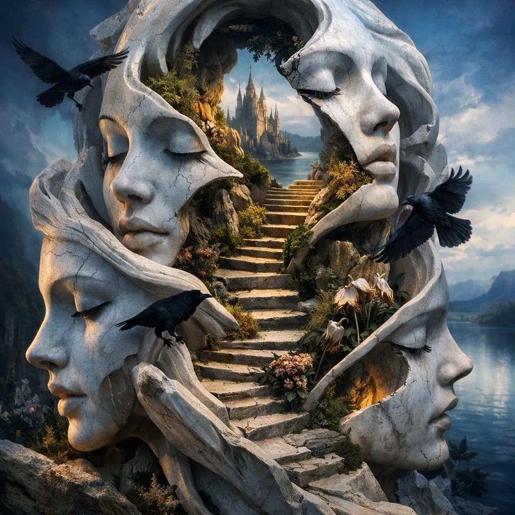 Surreal painting of carved faces around a stairway leading to a castle, with black birds in a mountain setting