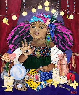 Illustration of fortune teller with colorful braids at mystical table with tarot cards and crystal ball