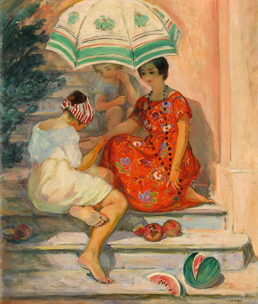 Painting of three women on stone steps beneath a parasol with fruit and sliced watermelon nearby