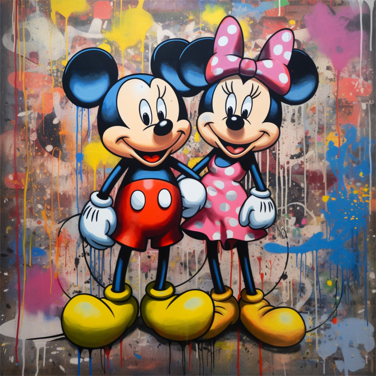 Mickey Mouse and Minnie Mouse standing together on a colorful paint-splatter background