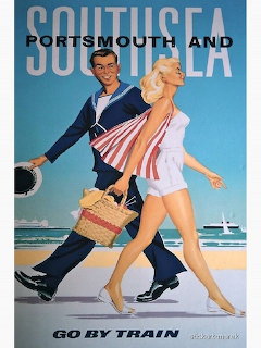 Vintage travel poster of couple walking on Portsmouth beach with sailboats