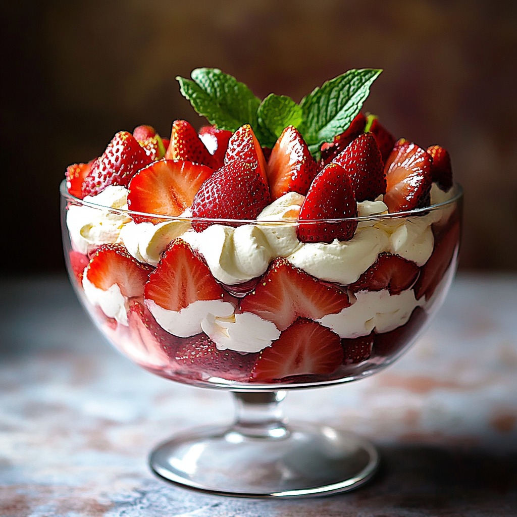 Layered strawberry trifle dessert in clear glass bowl with cream, berries, and mint leaves