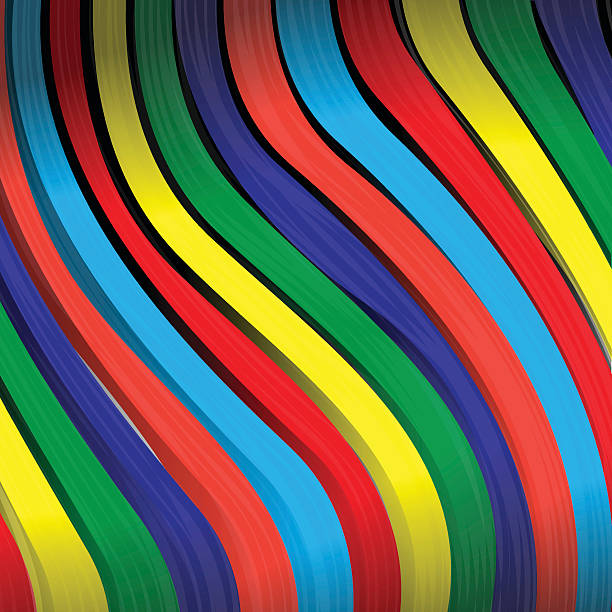 Abstract art with multicolored vertical wavy stripes in red, blue, green, yellow, and purple on dark background