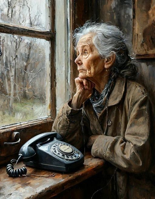Painting of an elderly woman looking out a window with a black rotary phone on the windowsill
