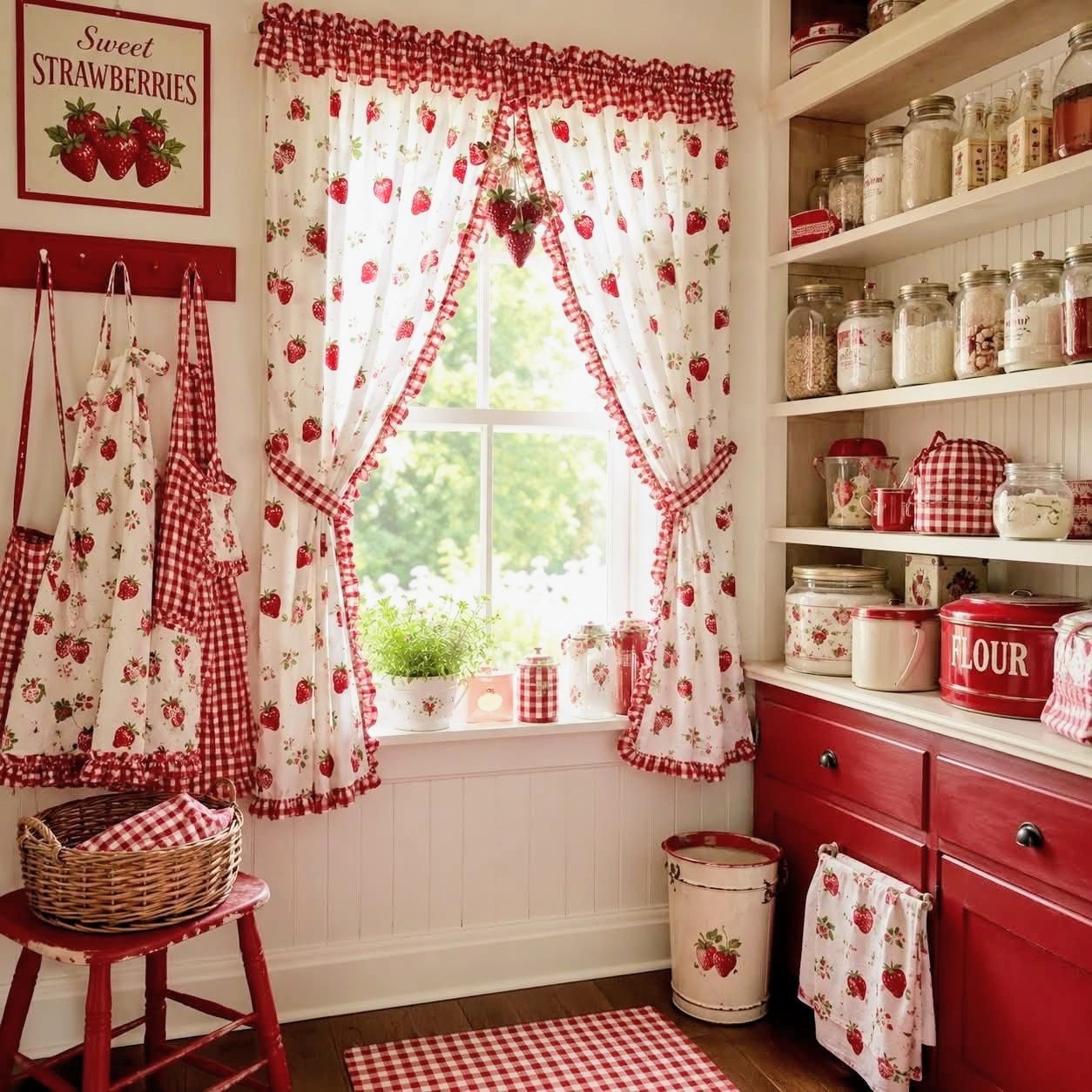 Vintage country kitchen with strawberry curtains, red cabinets, white shelves with jars, and window with natural light
