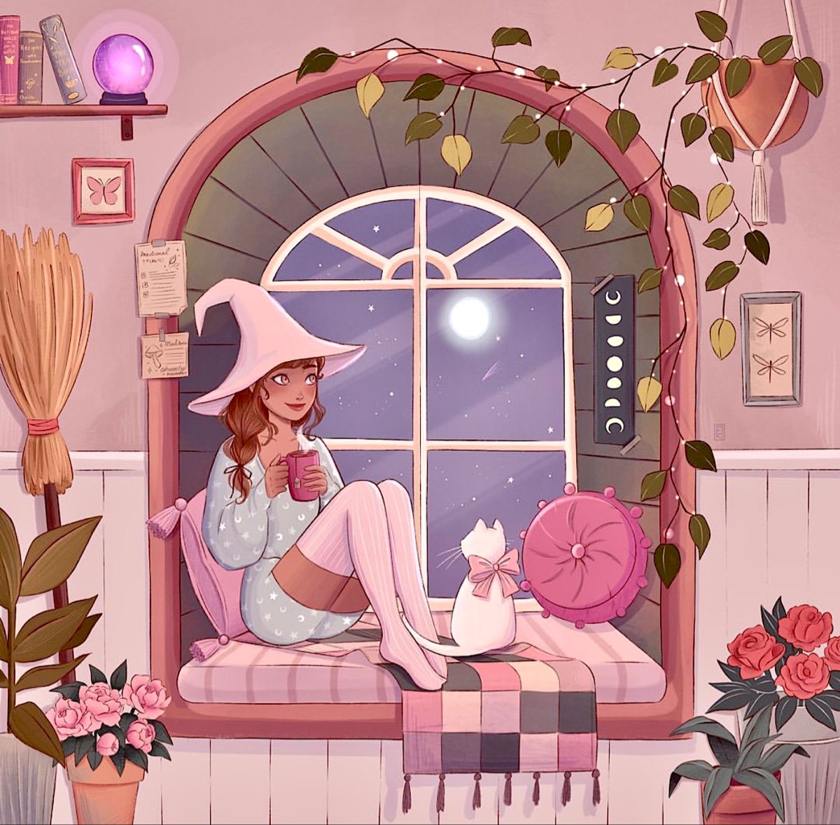 Illustration of girl in witch hat reading by arched window with plants and pink decor