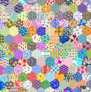 Dense patchwork of colorful hexagonal and square fabric patches with varied patterns including florals, dots, and geometric designs
